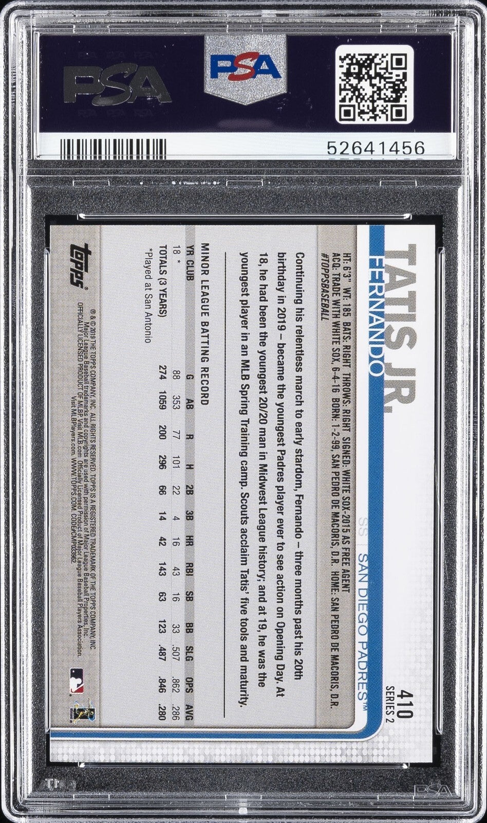 2019 Topps - #410 Fernando Tatis Jr. Rookie (RC) PSA 9