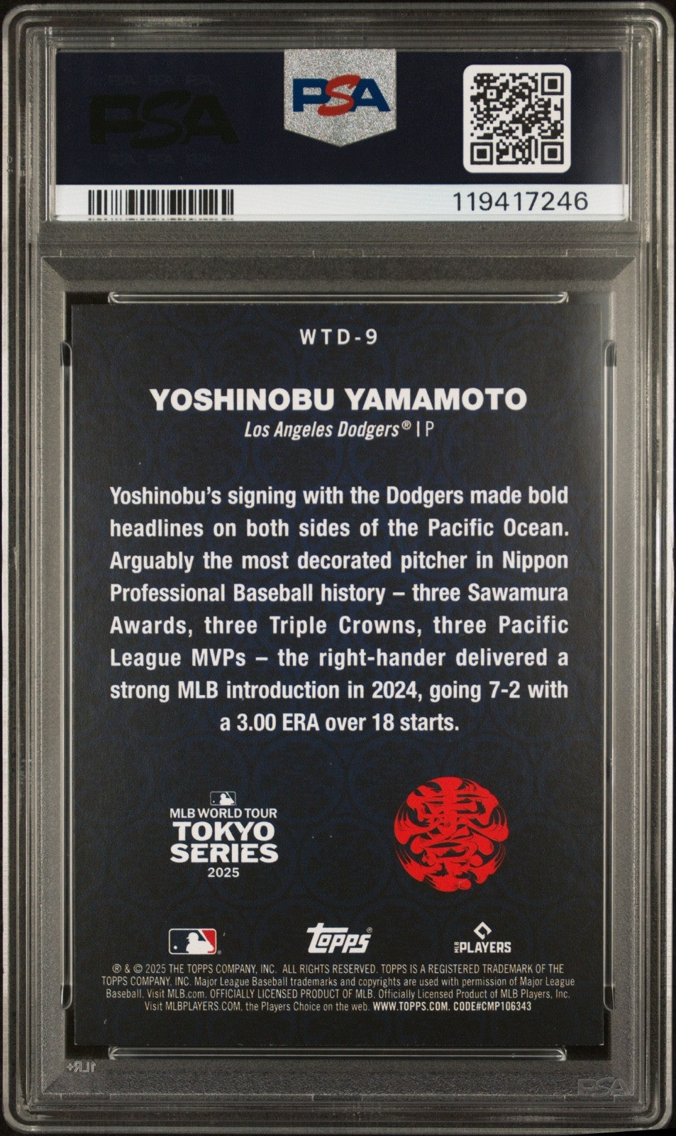 2025 TOPPS TOKYO SERIES WORLD TOUR DOMINATION #WTD9 YOSHINOBU YAMAMOTO PSA 8