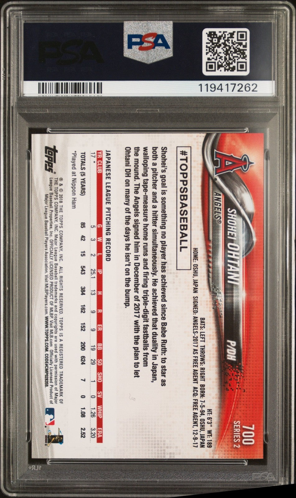 2018 TOPPS - PITCHING #700 SHOHEI OHTANI ROOKIE (RC) PSA 10