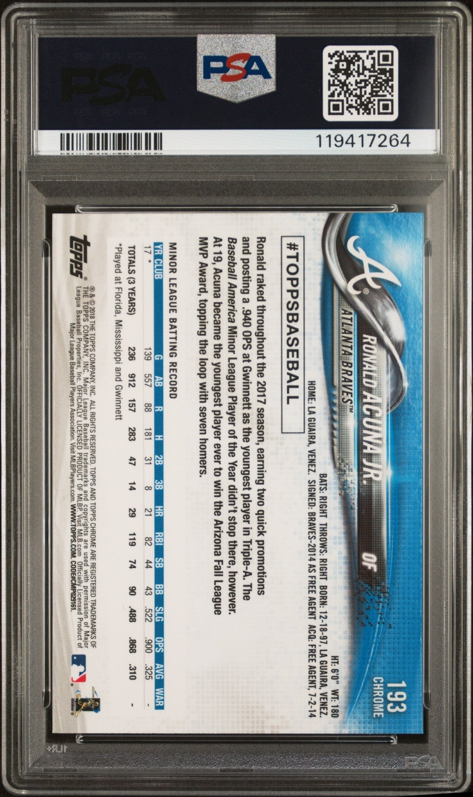2018 Topps Chrome Ronald Acuna Jr #193 PSA 10 GEM MT Rookie (RC)