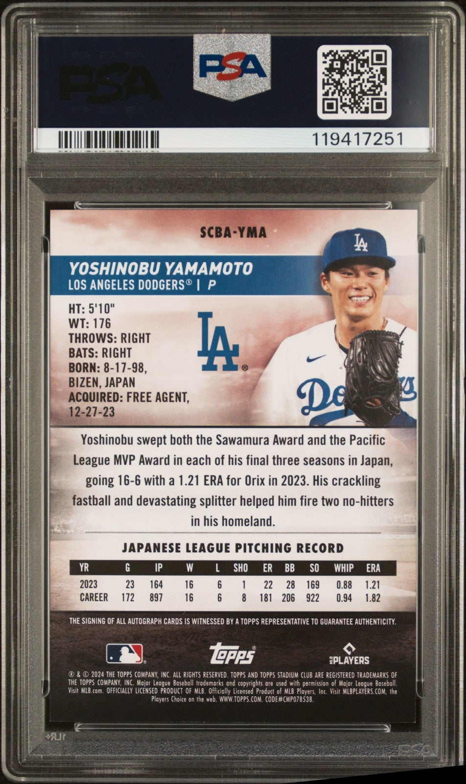2024 TOPPS STADIUM CLUB BASE AUTOGRAPHS #SCBAYMA YOSHINOBU YAMAMOTO PSA 8