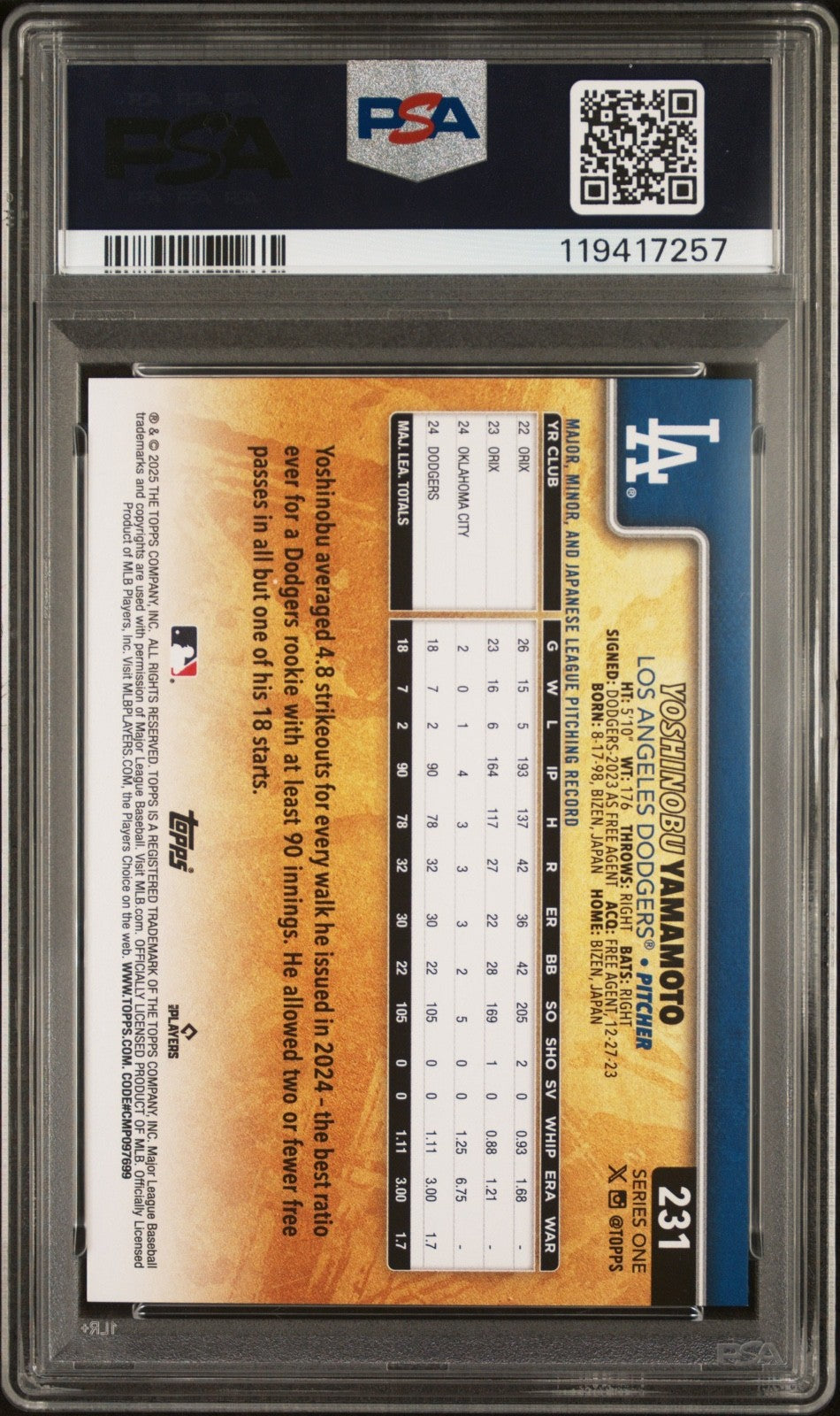 2025 Topps Golden Mirror Image Variation Yoshinobu Yamamoto #231 PSA 10 POP 2!