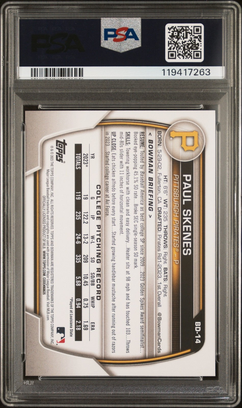 2023 BOWMAN DRAFT #BD14 PAUL SKENES PSA 10