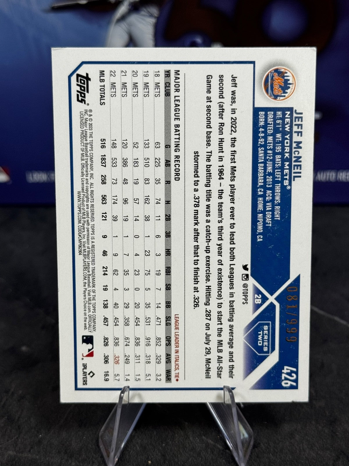 2023 Topps Series 2 - Jeff McNeil #426 Blue Foil /999