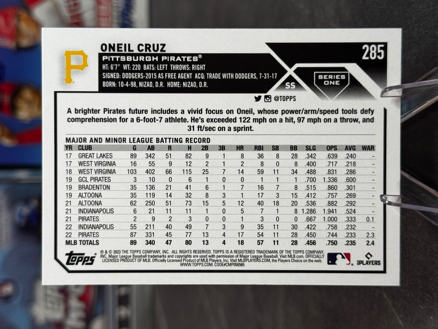 2023 Topps Series 1 - Future Stars Oneil Cruz #285 Gold Star