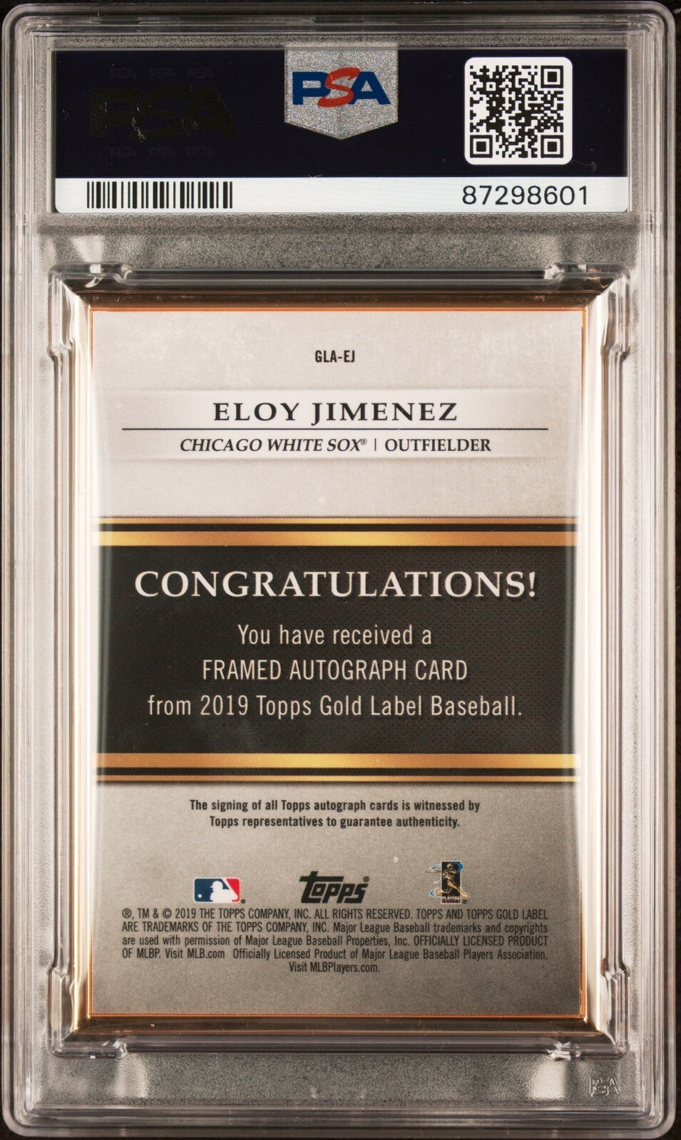 2019 Topps Gold Label - Framed Auto #EJ Eloy Jiménez (RC) PSA 8 DNA Auto Authent