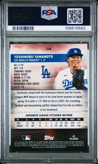 2024 Topps Stadium Club - #114 Yoshinobu Yamamoto Rookie (RC) PSA 8