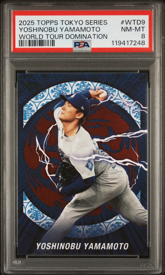 2025 TOPPS TOKYO SERIES WORLD TOUR DOMINATION #WTD9 YOSHINOBU YAMAMOTO PSA 8