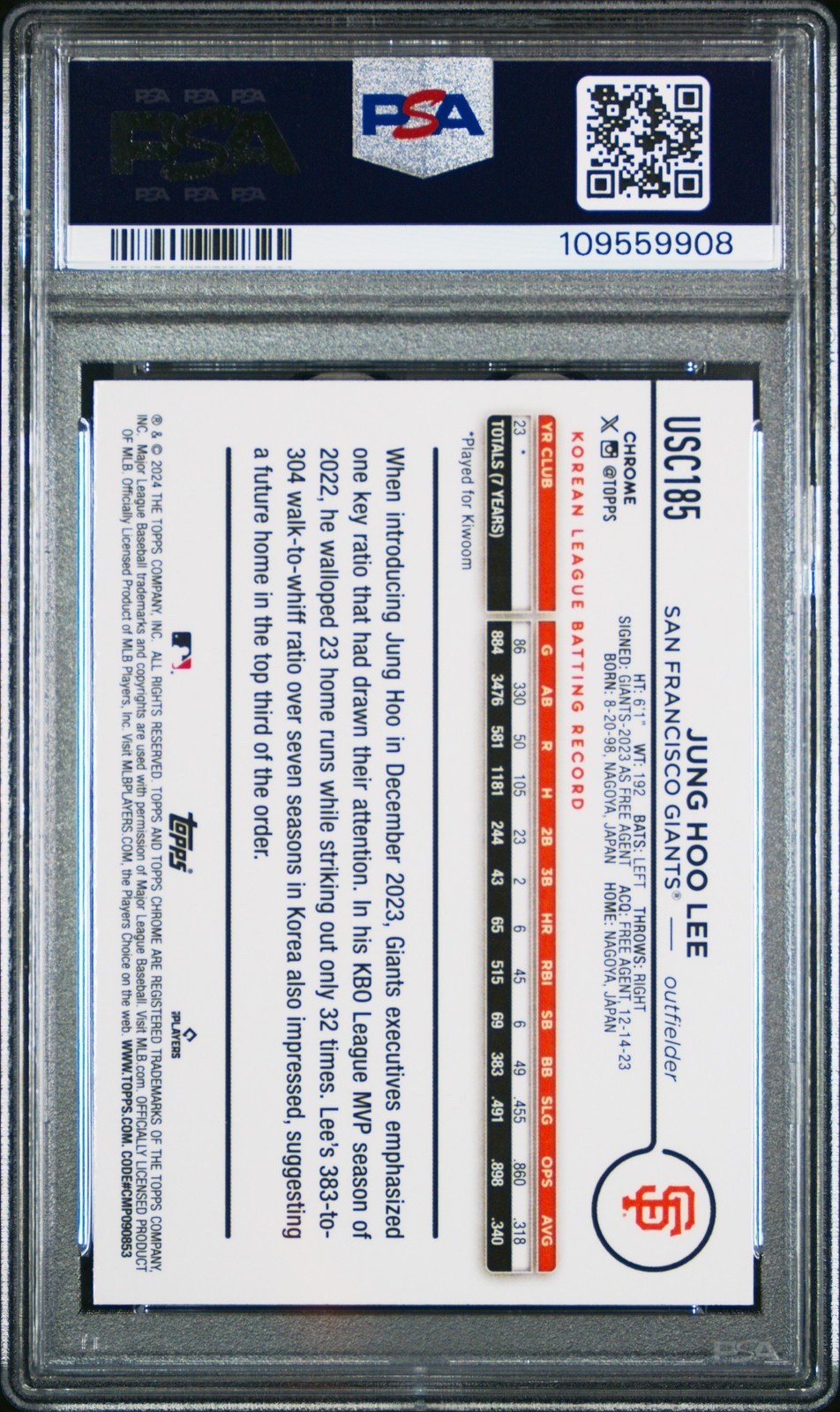 2024 TOPPS CHROME UPDATE SP #USC185 JUNG HOO LEE ROOKIE RC PSA 9