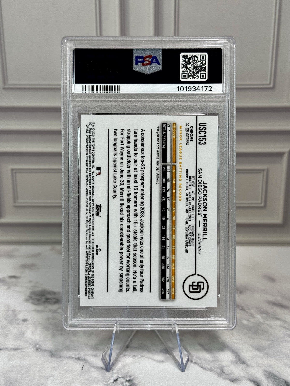 2024 Topps Chrome Update - Jackson Merrill Rookie Image Variation SP (RC) PSA 10