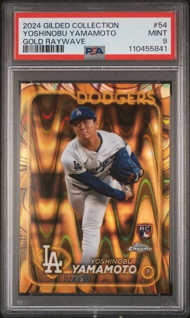 2024 TOPPS GILDED COLLECTION GOLD RAYWAVE #54 YOSHINOBU YAMAMOTO RC 19/25 PSA 9