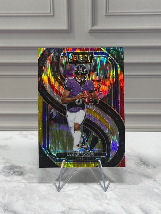 2024 Panini Select - Premier Level Lamar Jackson #121 Red & Yellow Shock Prizm