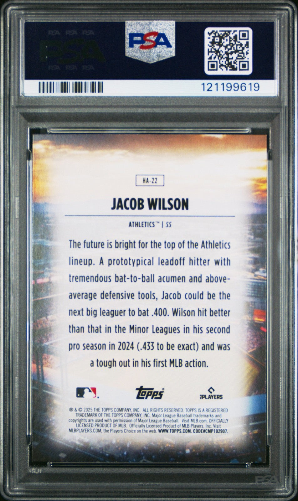 2025 TOPPS HOME FIELD ADVANTAGE #HA22 JACOB WILSON ROOKIE RC PSA 10 LOW POP!