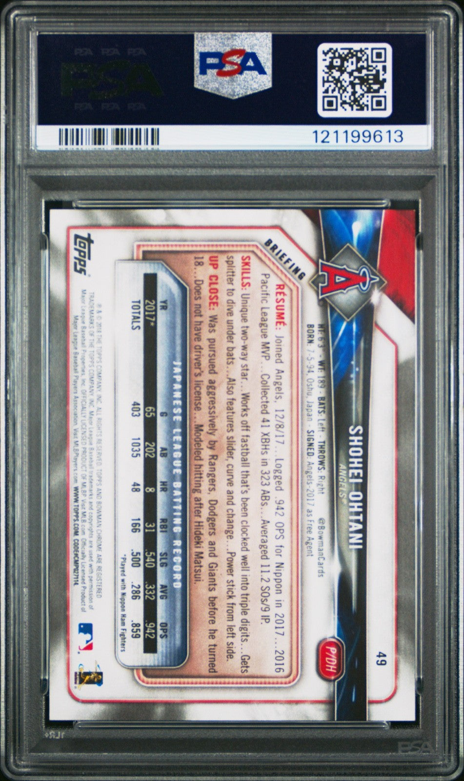 2018 BOWMAN #49 SHOHEI OHTANI ROOKIE RC PSA 9