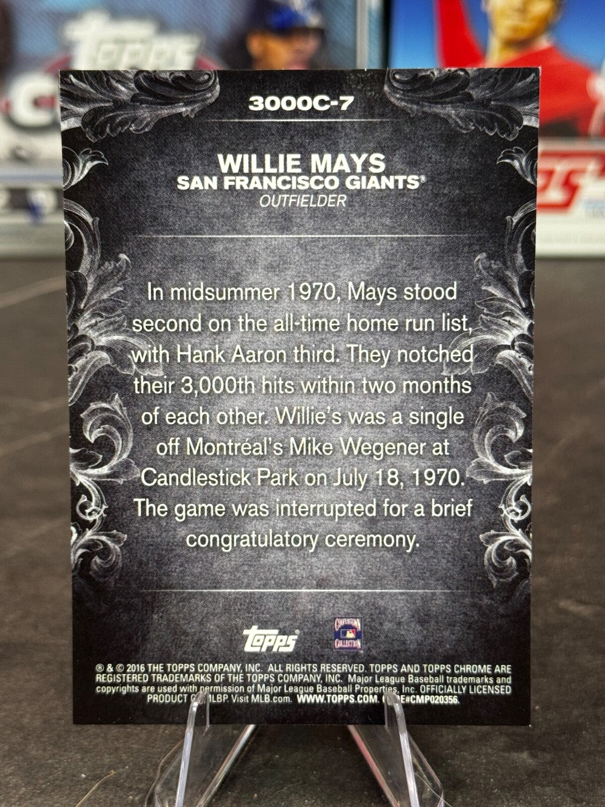 2016 Topps Chrome Update Card #3000C-7 Willie Mays 3,000 Hits Club Giants