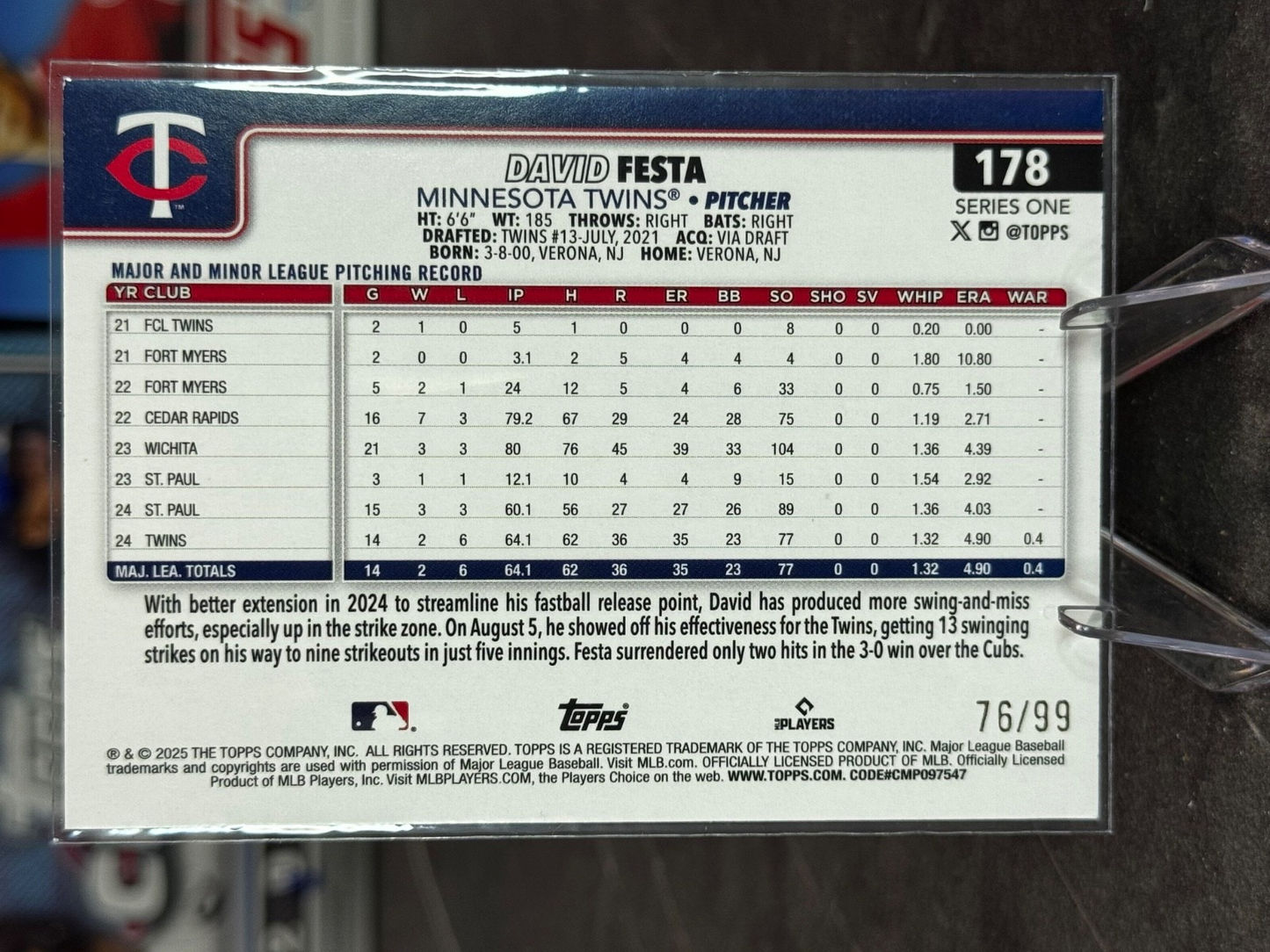 2025 Topps Series 1 - David Festa #178 Green Holo (RC) /99