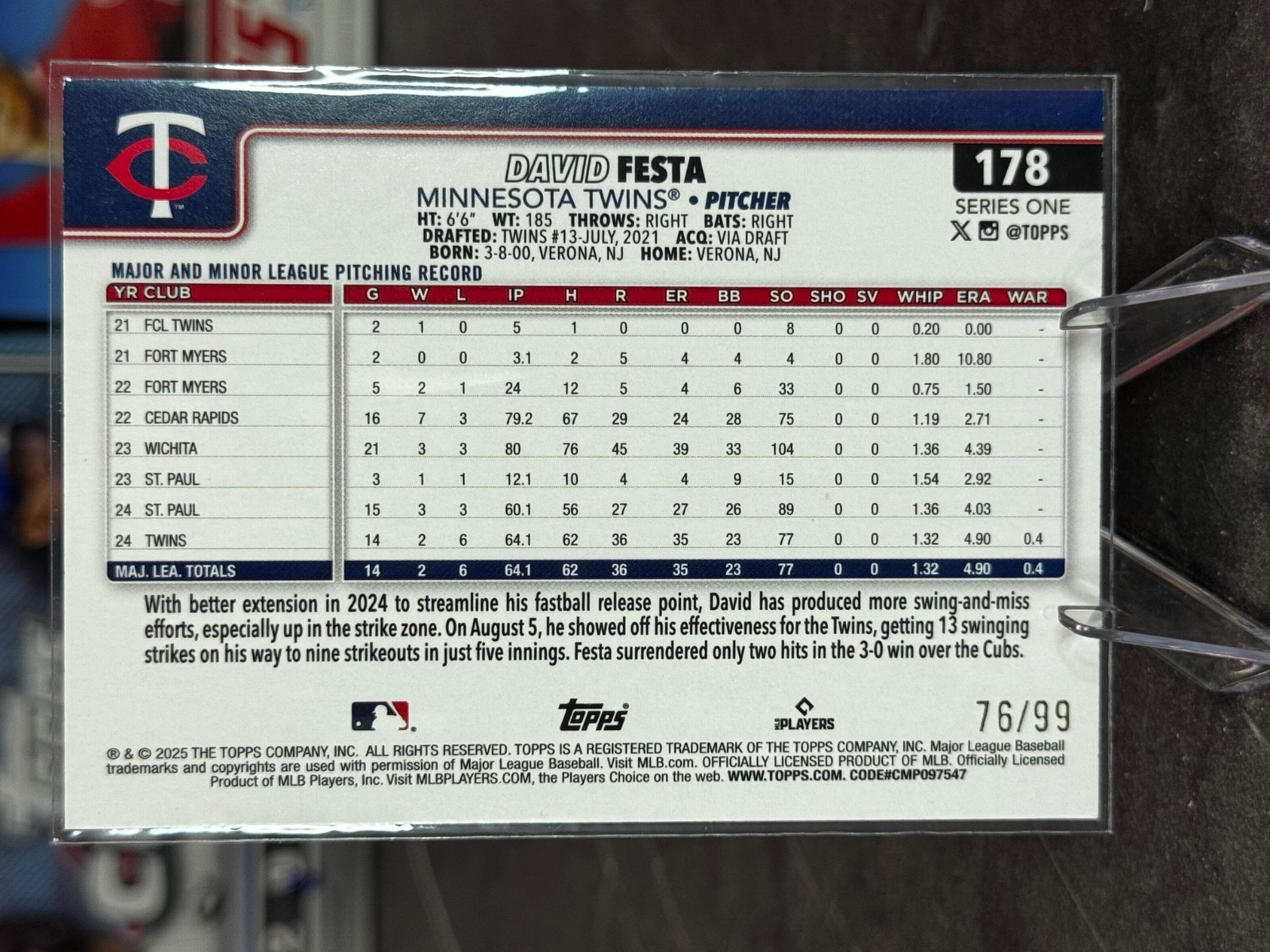 2025 Topps Series 1 - David Festa #178 Green Holo (RC) /99