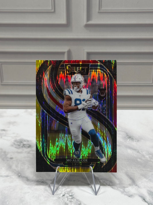 2024 Panini Select - Premier Level Mo Alie-Cox #184 Red & Yellow Shock Prizm