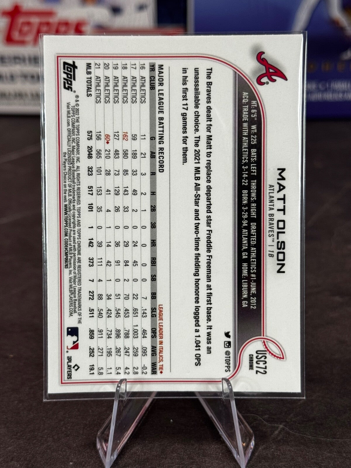 2022 Topps Chrome Update Series - Matt Olson #USC72 Purple Refractor