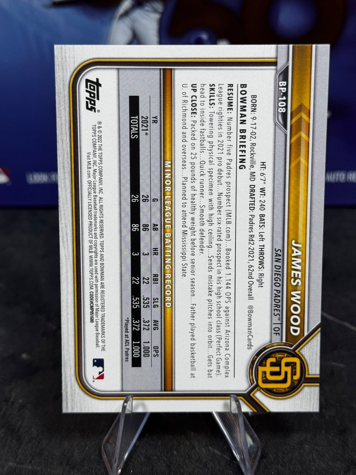 2022 Bowman - James Wood #BP-108 1st Bowman