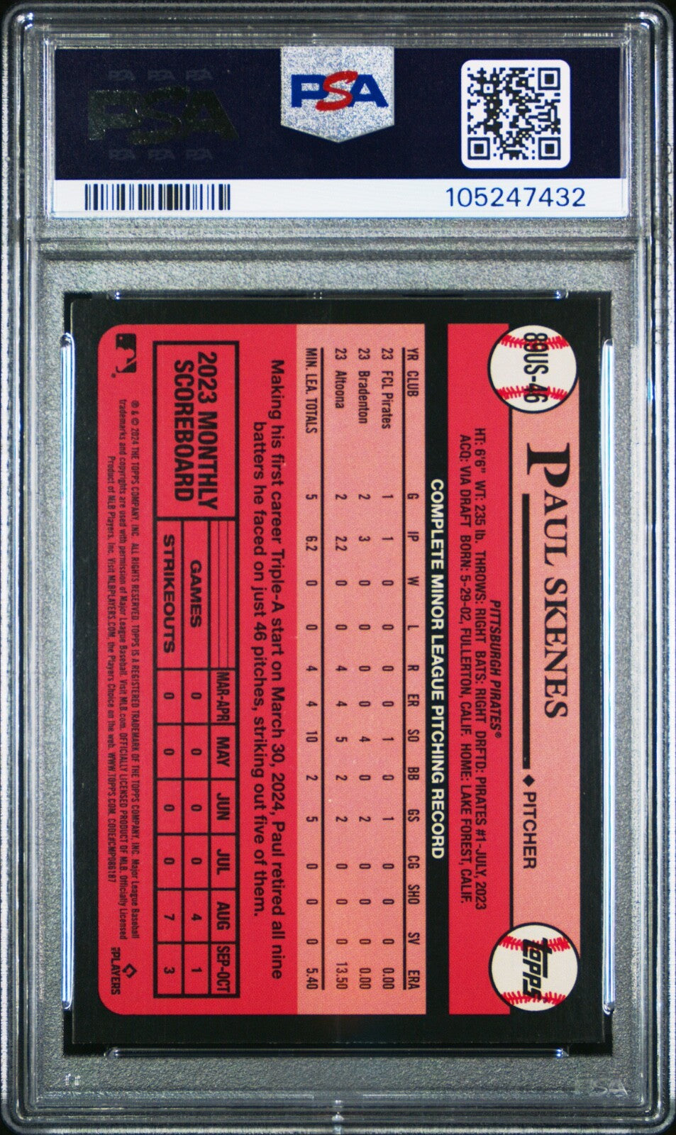 2024 TOPPS UPDATE 1989 TOPPS BASEBALL #46 PAUL SKENES ROOKIE RC PSA 9