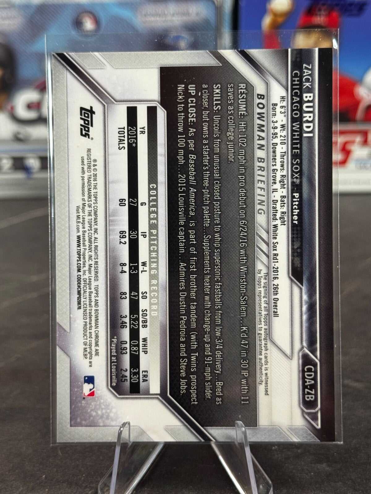 2016 Bowman Draft - Chrome Draft Pick Autographs Zack Burdi #CDA-ZB (AU, RC)