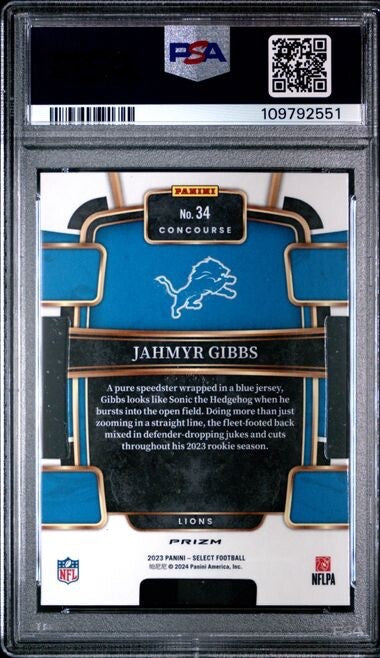 2023 PANINI SELECT #34 JAHMYR GIBBS DIE-CUT RED & YELLOW PRIZM PSA 9 MINT