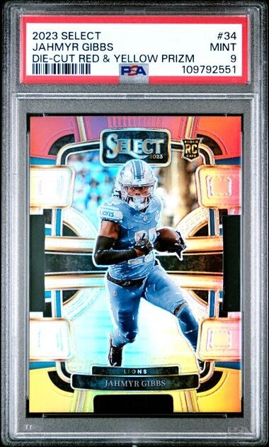 2023 PANINI SELECT #34 JAHMYR GIBBS DIE-CUT RED & YELLOW PRIZM PSA 9 MINT